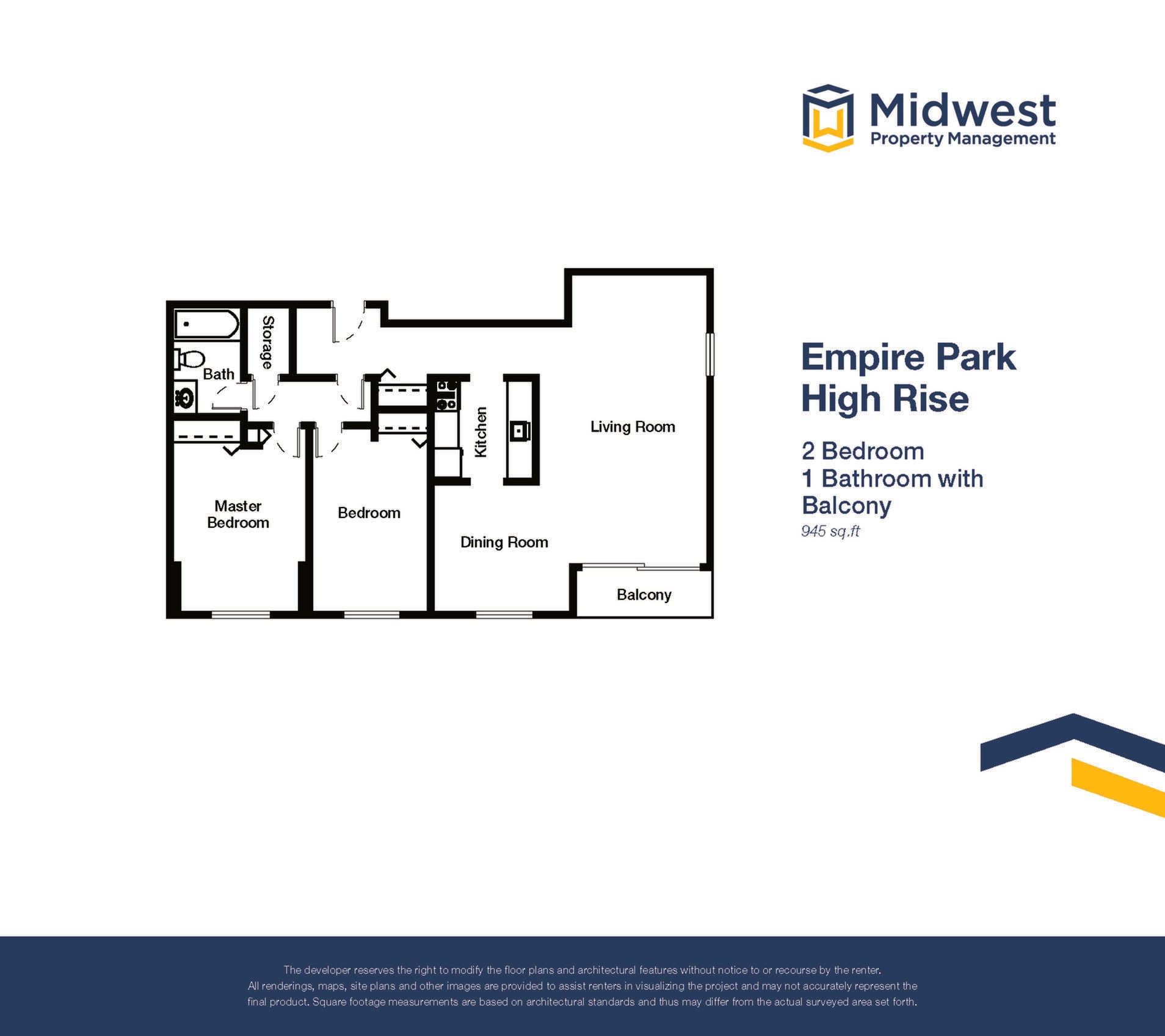 Floor plan layout diagram for 2 Bedroom High Rise