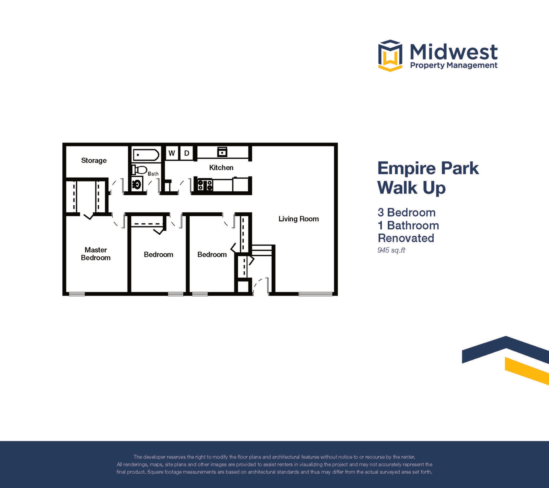 Floor plan layout diagram for 3 Bedroom Walk Up - Renovated