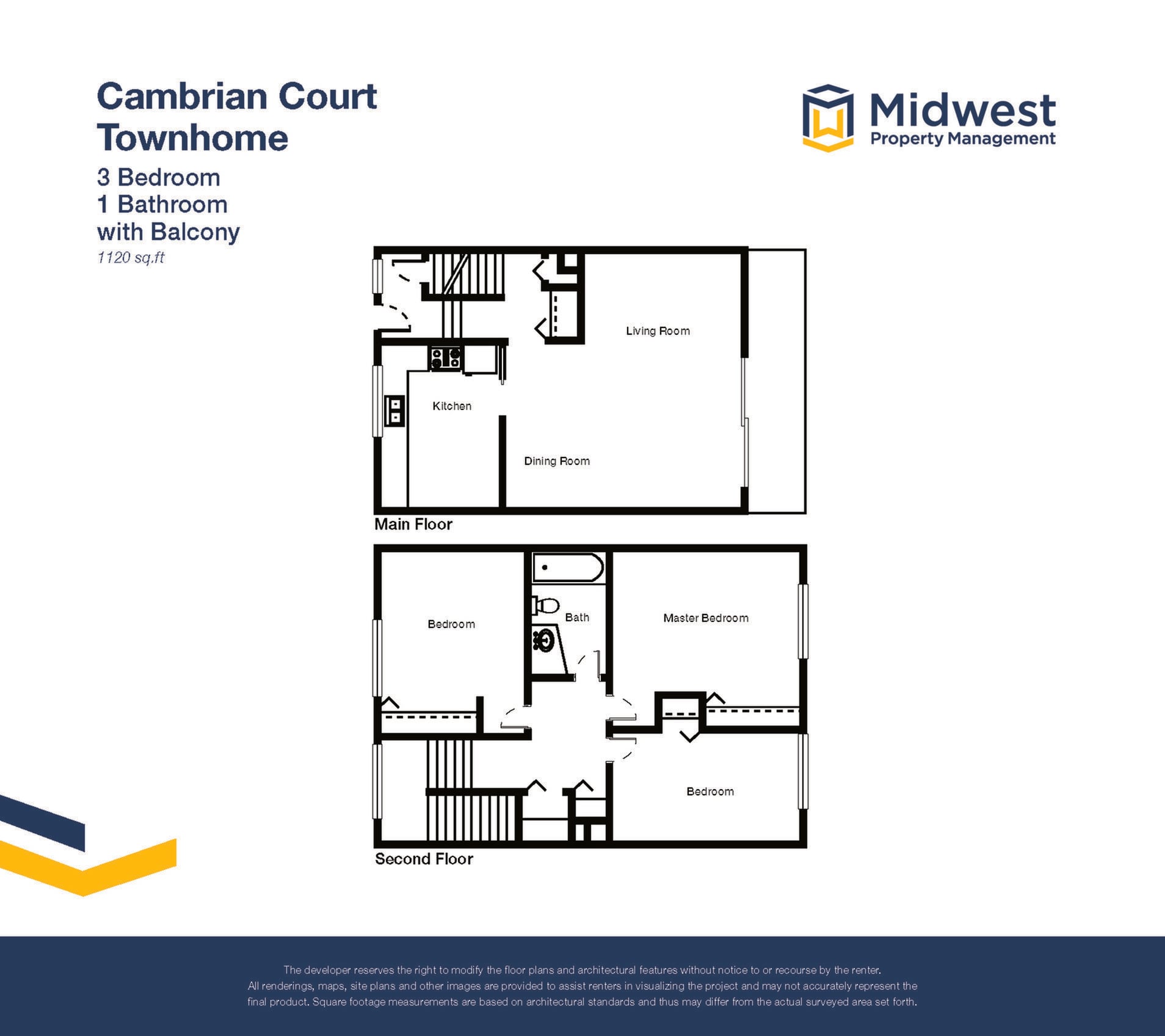 Floor plan layout diagram for 3 Bedroom Townhome