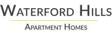 Waterford Hills Apartment Homes logo featuring elegant typography with a sleek, modern design.