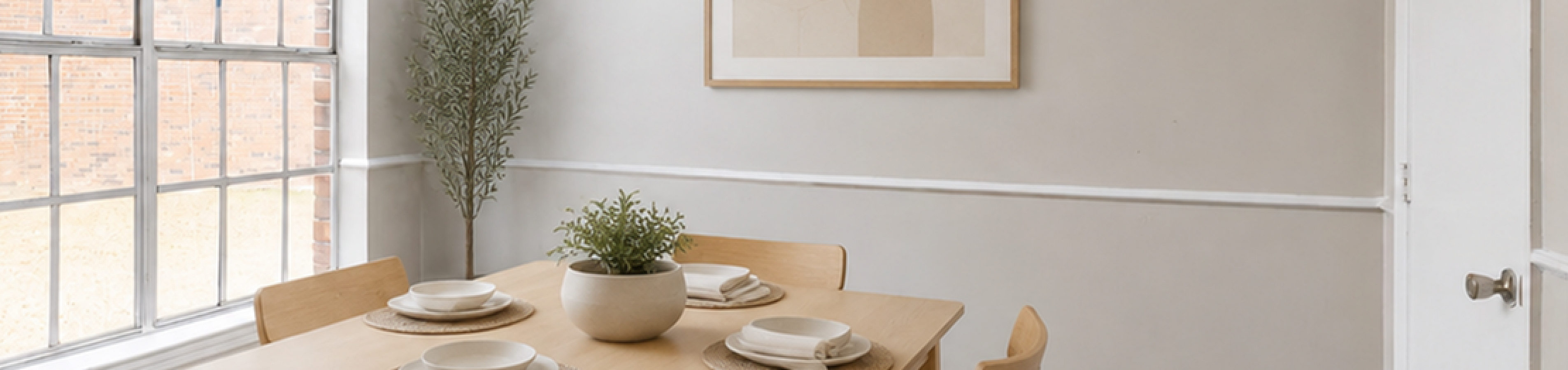 Bright dining area with modern wooden table set, large window, and sophisticated wall art.