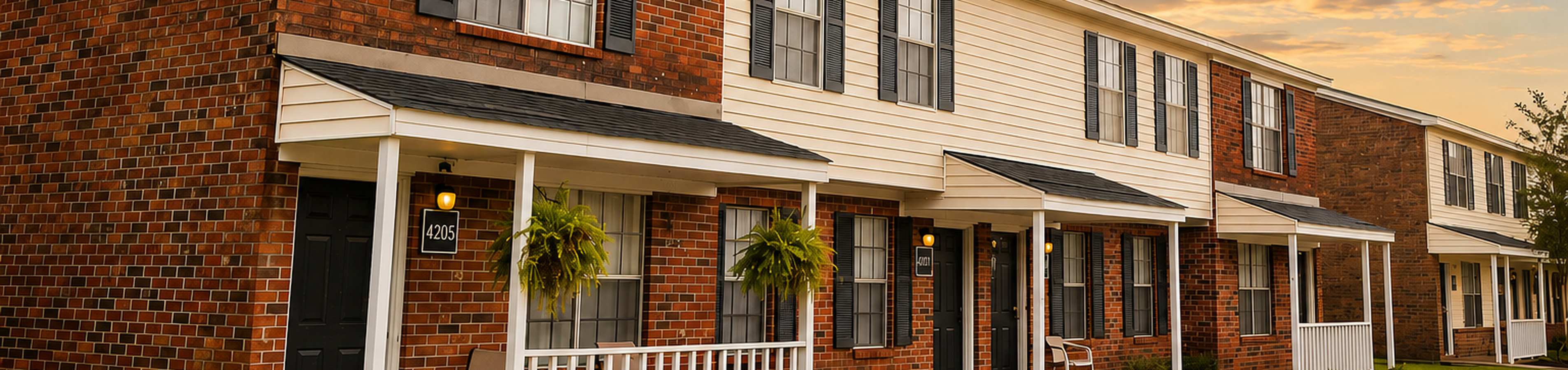 Charming row of townhouses with classic brick facade and welcoming front porches, perfect for families seeking suburban comfort.