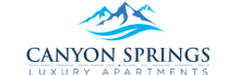 Elegant Canyon Springs Luxury Apartments logo featuring stylized blue mountains, symbolizing serene and upscale living.