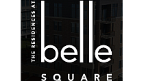 Elegant logo of The Residences at Belle Square, featuring modern typography against a subtle building background.