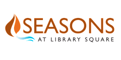 Elegant logo for Seasons at Library Square featuring a stylized flame and wave design.