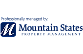 A graphic that reads "Professionally managed by:" followed by the Mountain States Property Management logo. The logo includes a stylized white "M" inside a blue square next to the company name in blue and grey text