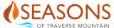 Elegant logo for Seasons of Traverse Mountain, featuring a stylized flame and wave design.