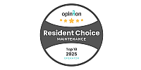 Award badge for Opinion's Top 10 2025 Resident Choice in Maintenance, showcasing excellent service.
