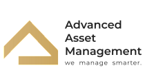 Sophisticated logo design for Advanced Asset Management featuring a minimalist gold geometric shape, representing smart and effective property management.