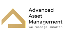 Elegant logo for Advanced Asset Management, featuring a stylized gold roof icon and the tagline 'we manage smarter.'