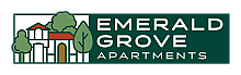 Charming logo for Emerald Grove Apartments featuring stylized trees and an elegant house, conveying a serene and welcoming atmosphere.