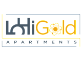 Modern LoHi Gold Apartments logo featuring sleek design with a gold atomic symbol.