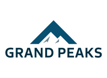 Grand Peaks logo featuring a stylized mountain design in bold blue, symbolizing strength and elegance.