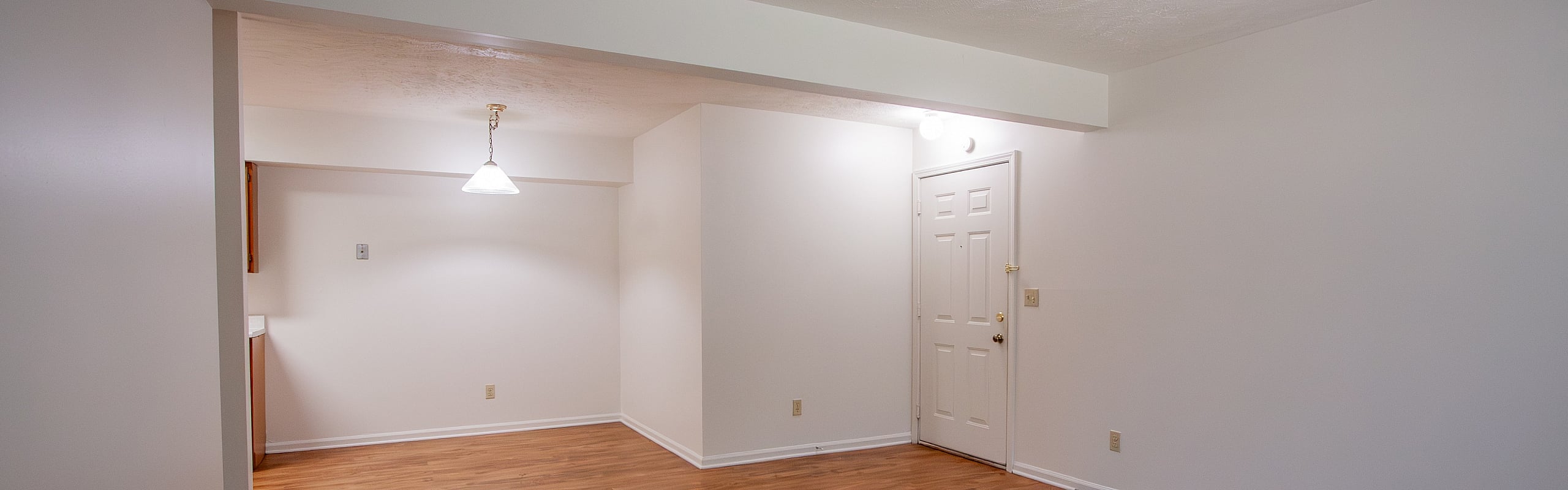 Inviting open space with modern lighting and warm wood flooring, perfect for customization and creativity.