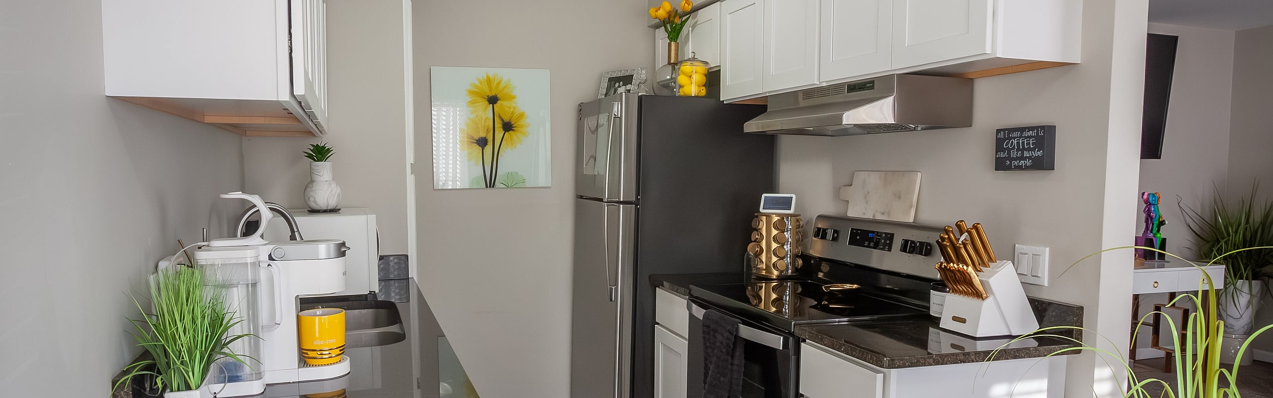 Charming modern kitchen with sleek stainless steel appliances, vibrant yellow accents, and lush green plants creating a bright, inviting atmosphere.