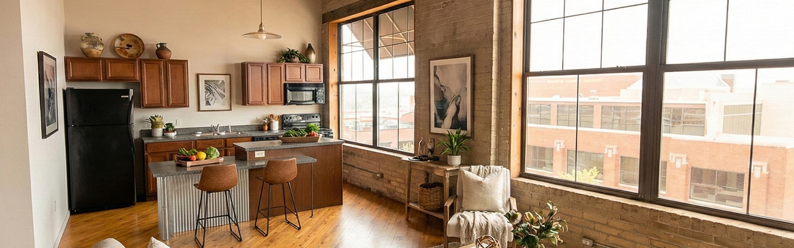 Chic urban loft kitchen with large windows, natural light, and stylish decor.