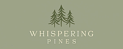 Charming Whispering Pines logo featuring elegant tree silhouettes on a soothing green background.