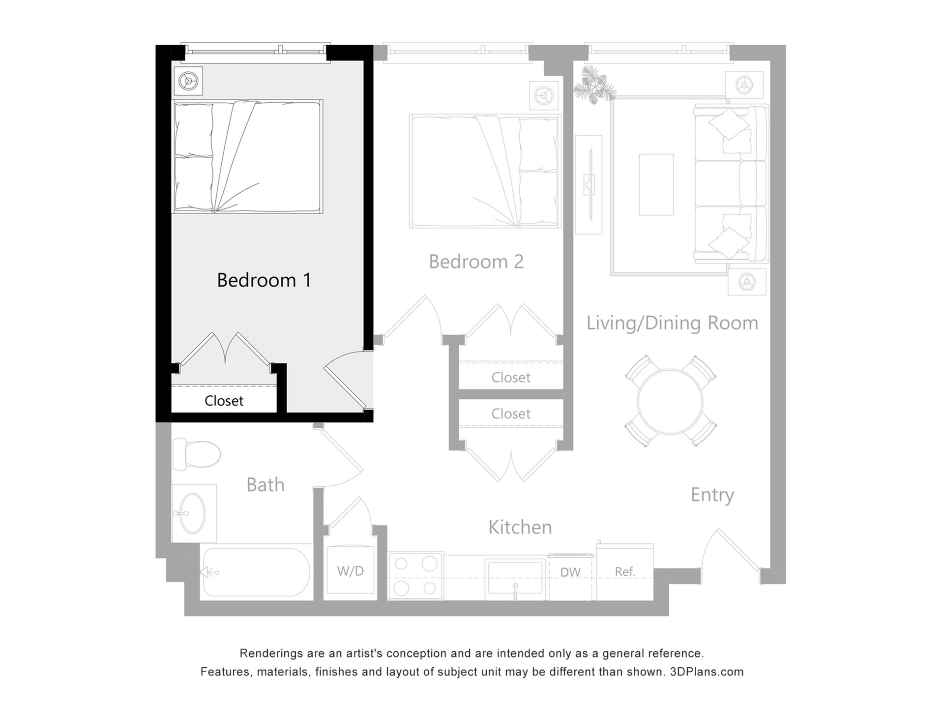 Furnished Room in a 2 Bedroom 1 Bathroom (2A1)_2d_floor_plan
