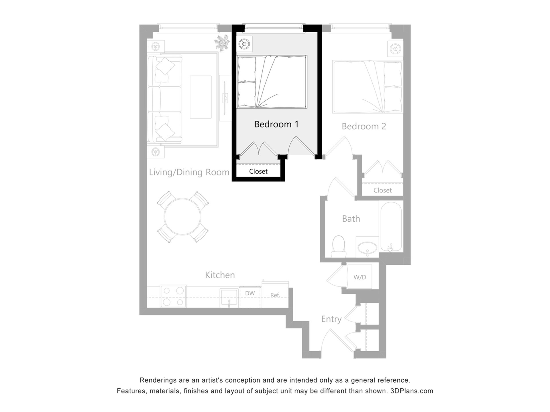 Furnished Room in a 2 Bedroom 1 Bathroom (2B1)_2d_floor_plan