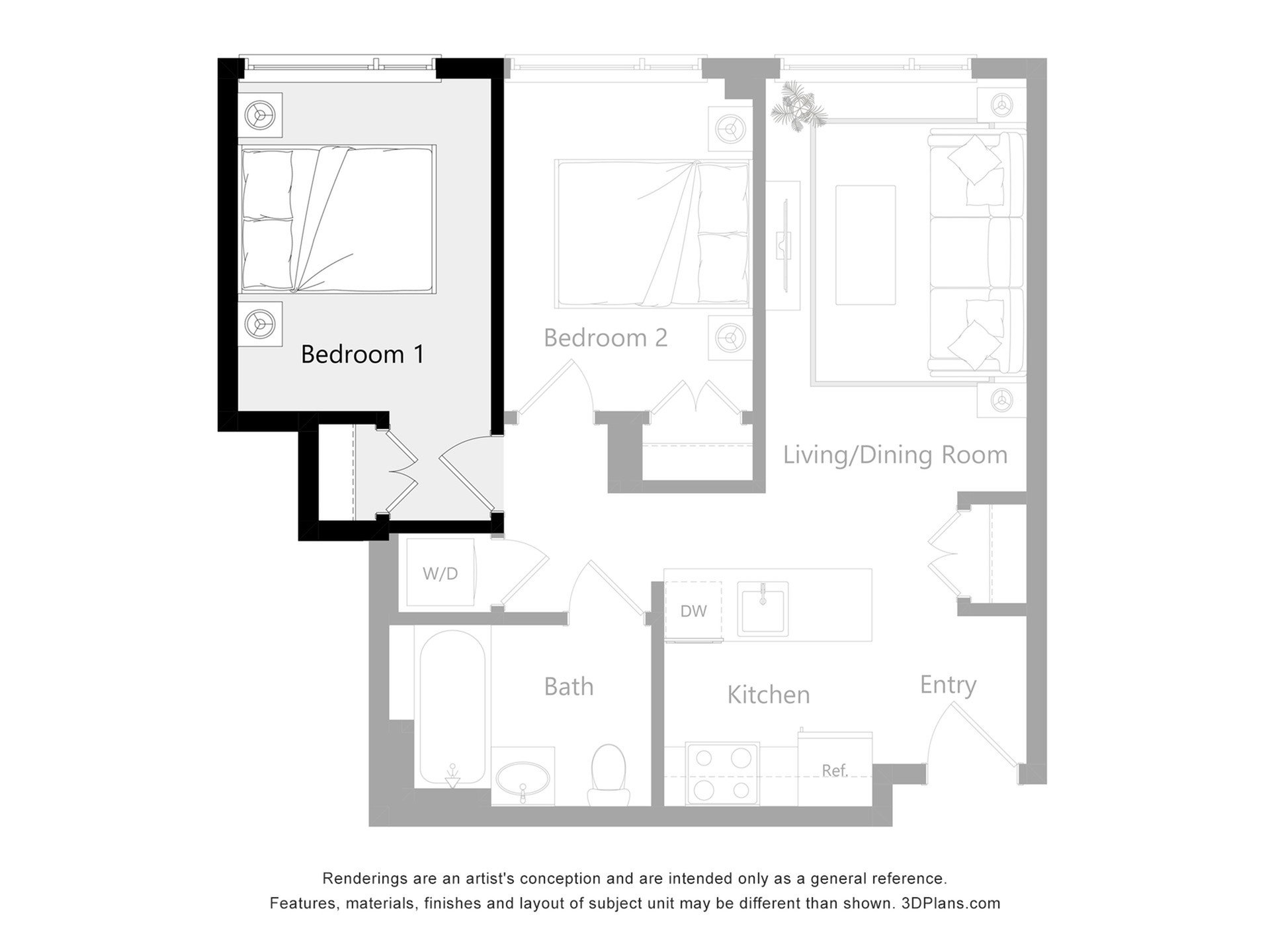 Furnished Room in a 2 Bedroom 1 Bathroom (2D1)_2d_floor_plan