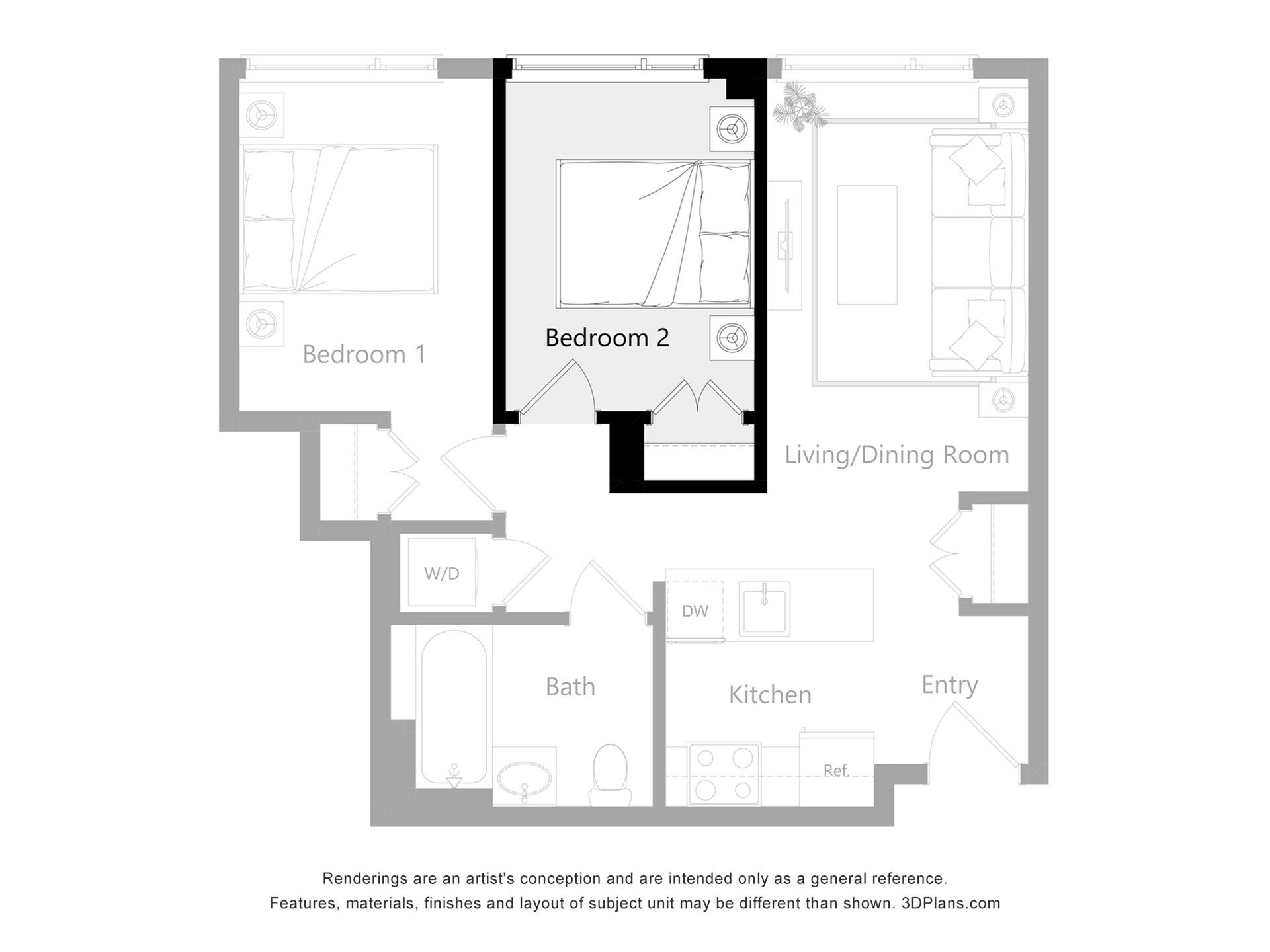 Furnished Room in a 2 Bedroom 1 Bathroom (2D2)_2d_floor_plan