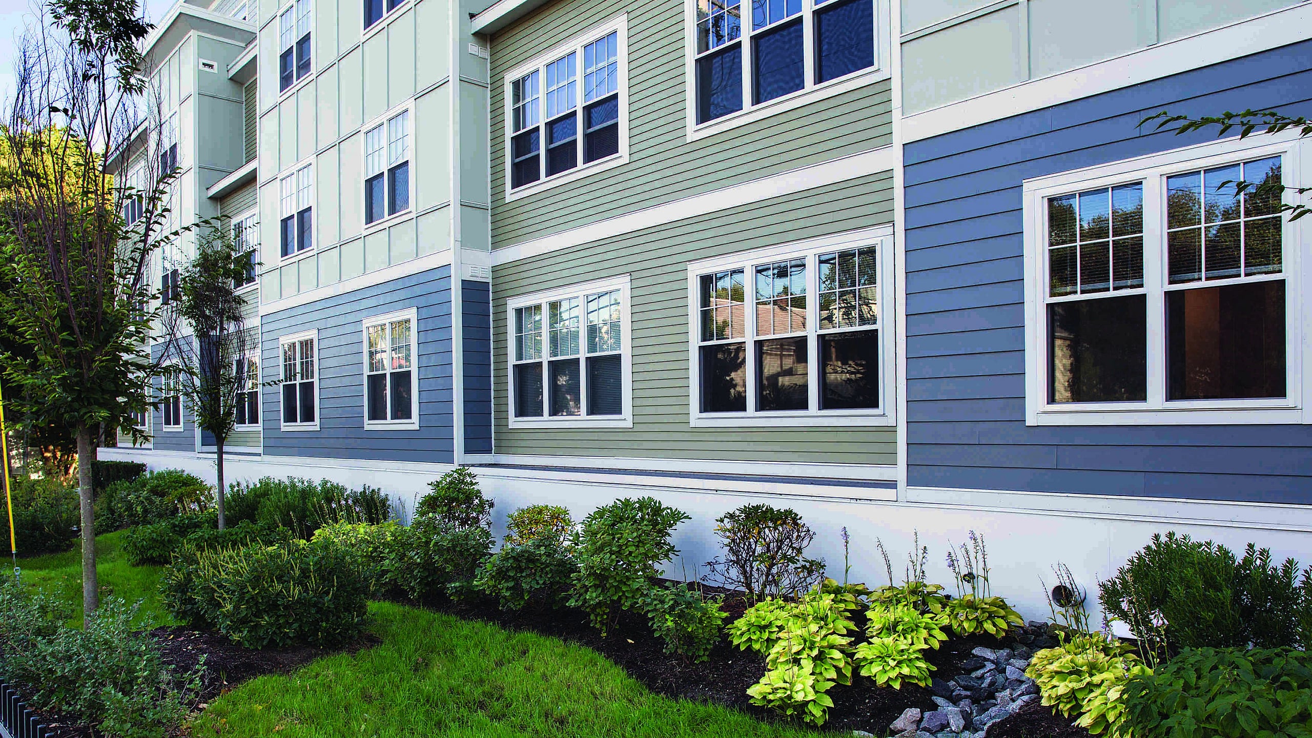 Charming apartment building with modern siding and large windows, surrounded by lush greenery and well-maintained landscape.