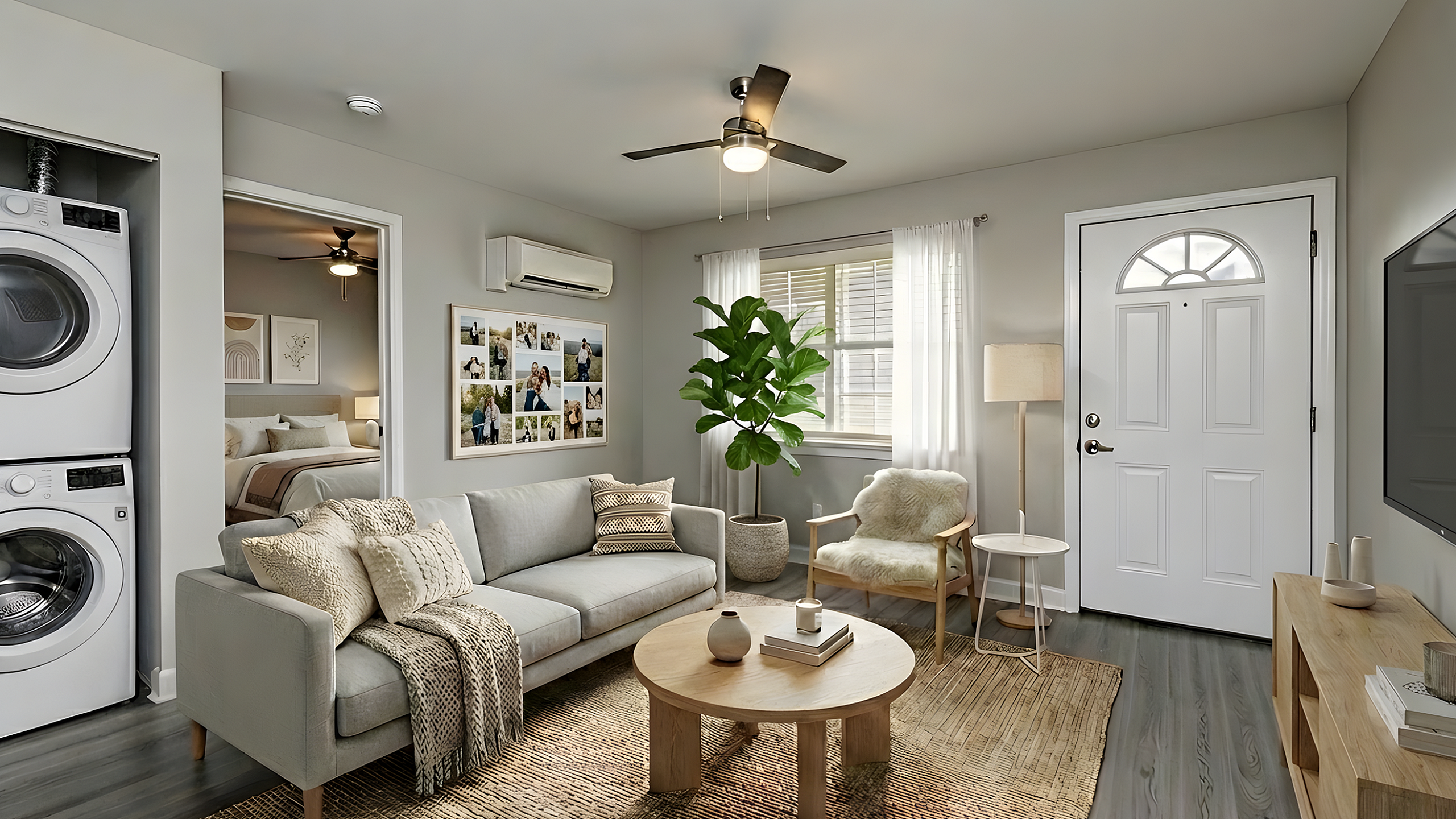 Inviting living room with stylish gray sofa, chic decor, and lush indoor plant, enhanced by natural light through a large window.