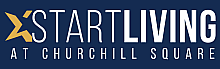 Elegant blue logo with a gold star design, promoting 'Start Living at Churchill Square.'