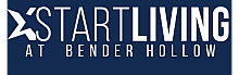 Start Living at Bender Hollow promotional graphic with bold, modern typography on a deep blue background.