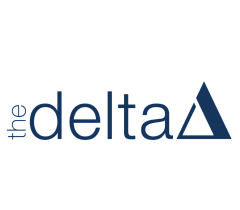 Minimalistic logo design featuring 'the delta' with a sleek triangular symbol in elegant navy blue.
