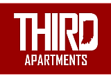 Bold red and white logo for Third Apartments, featuring the silhouette of a state creating a distinctive, stylish brand identity.