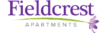 Fieldcrest Apartments logo featuring elegant purple text and a vibrant flower design.