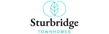 Sturbridge Townhomes logo featuring elegant overlapping circles and a leaf design in teal, representing stylish and modern living.