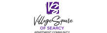 Village Square of Searcy logo with elegant purple and black design, showcasing a welcoming apartment community.