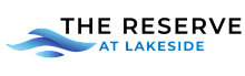 The Reserve at Lakeside logo featuring flowing blue waves, exuding tranquility and elegance.