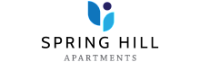 Spring Hill Apartments logo featuring a modern and elegant design with blue leaf motifs and bold typography.