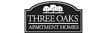 Elegant Three Oaks Apartment Homes logo featuring three oak trees over a classic arch design.