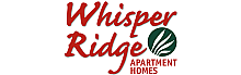 Elegant logo design for Whisper Ridge Apartment Homes featuring bold red text and a green leaf emblem, conveying comfort and natural living.