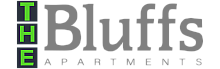 Modern logo for The Bluffs Apartments with bold green and grey text.