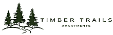 Timber Trails Apartments logo featuring elegant green pine trees, evoking a sense of serene nature and tranquil living.