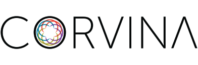 Vibrant Corvina logo featuring a colorful geometric design within the letter O, symbolizing creativity and innovation.