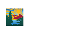 Vibrant colorful logo featuring a stylized sun, mountain, trees, and reflective water scene.