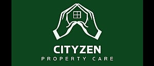 Elegant logo of Cityzen Property Care featuring hands forming a house shape over a window, exuding trust and reliability with a deep green background for a professional look.