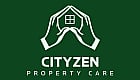 Elegant Cityzen Property Care logo with hands forming a house shape, symbolizing protection and reliability on a rich green background.