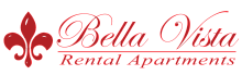 Elegant Bella Vista Rental Apartments logo with a sophisticated red fleur-de-lis design and stylish typography.