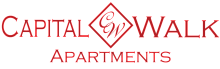 Elegant Capital Walk Apartments logo featuring red stylized lettering and emblem.