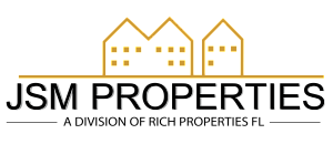 Elegant JSM Properties logo featuring stylized gold and black buildings, representing premium real estate services.