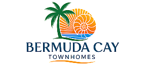 Tropical-themed logo of Bermuda Cay Townhomes with a palm tree and a vibrant seashell design.