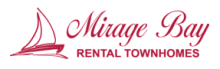 Elegant Mirage Bay Marina sign with sailboat graphic in a sophisticated red design.