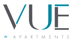 Elegant logo of Vue Apartments featuring modern typography and a subtle home icon.